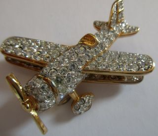 Swarovski Swan Signed Clear Crystal Airplane Pilot Pin Brooch