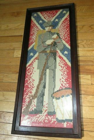 Vintage Framed Cross Stitch Sampler Civil War Southern Confederate Soldier
