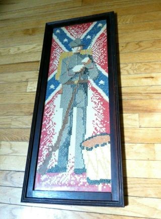 Vintage Framed Cross stitch sampler Civil War Southern Confederate Soldier 2