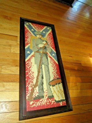 Vintage Framed Cross stitch sampler Civil War Southern Confederate Soldier 3