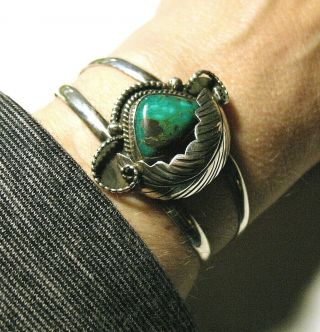 Vintage 1977 Navajo Sterling Silver & Turquoise Cuff Bracelet By Richard Lang