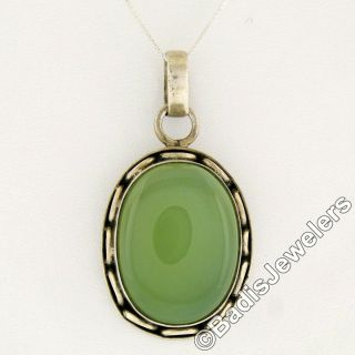 Vintage Hand Made Sterling Silver Large Oval Green Chrysoprase Pendant W/ Chain