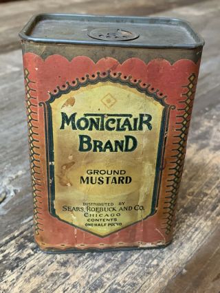 RARE Montclair MUSTARD ADVERTISING SPICE TIN CAN Jar Sears Roebuck Co Chicago Il 2