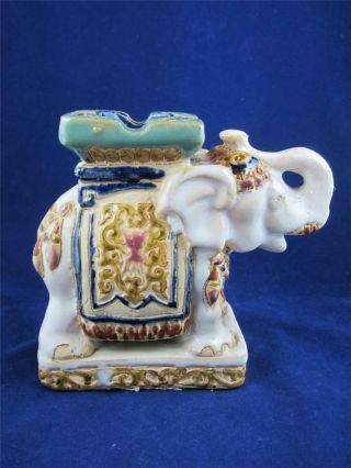 Vintage Pottery Glazed White Asian Elephant Ashtray W/trunk Up