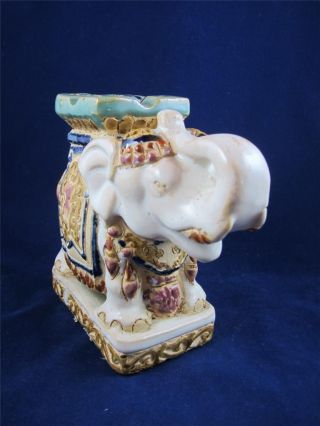 Vintage Pottery Glazed White Asian Elephant Ashtray w/Trunk Up 2