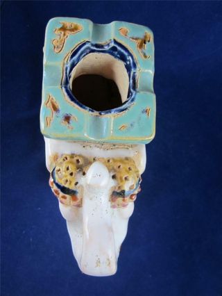 Vintage Pottery Glazed White Asian Elephant Ashtray w/Trunk Up 3