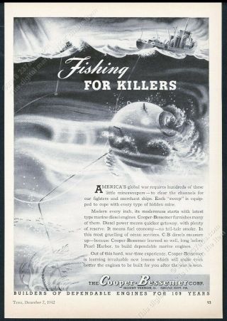 1942 Minesweeper Ship Boat Naval Mine Art Cooper Bessemer Vintage Print Ad