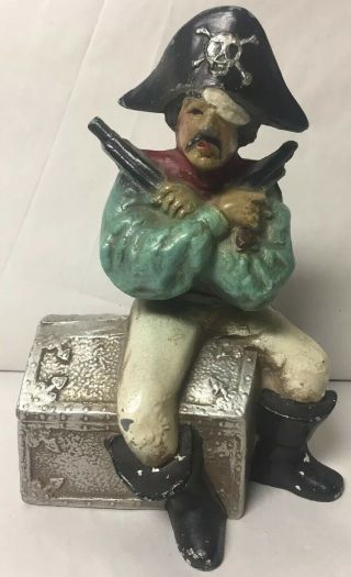 Vintage Painted Metal Pirate On Chest Coin Bank Toy