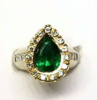 Vintage 14k White Yellow Gold Fine Diamond Natural Pear Emerald Ladies Ring