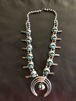 Vintage Native American Navajo Squash Blossom Turquoise Sterling Silver Neck.
