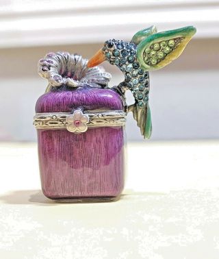 Jay Strongwater Enamel Trinket Box Hummingbird Small Purple Crystals Flower Pill