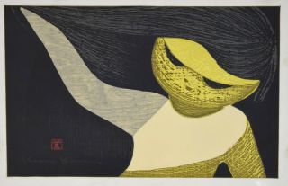 Kaoru Kawano Mid - Century Modern Japanese Woodblock Print Girl W Flowing Hair