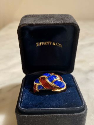 Tiffany & Co Vintage 18k Yellow Gold Schlumberger Red & Blue Enamel Ring