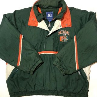 Vtg 90s Starter University Of Miami Hurricanes Puffy Hooded Jacket Size Xxl