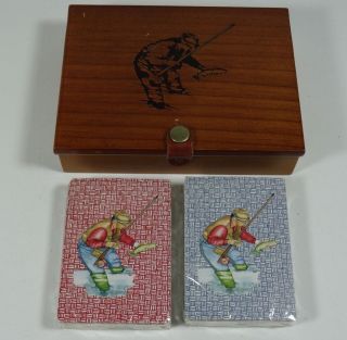 Two Decks Fly Fisherman Vintage Playing Cards Wooden Box Double Deck