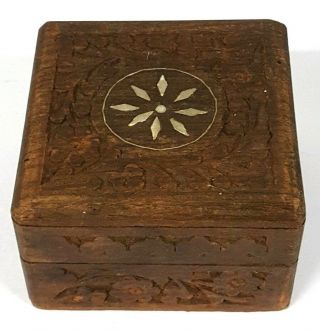 Vintage Wood Hand Carved Trinket Jewelry Coin Box With Hinged Lid Made In India