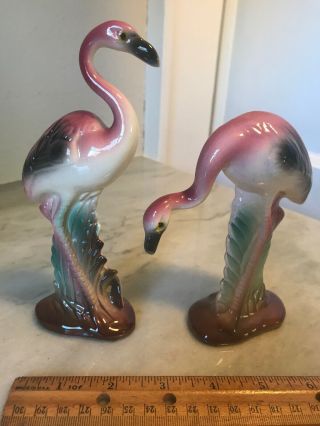 Pair Flamingo Figurines Ceramic Standing Bent Neck Pink Green 5 - 6 1/2 " Set Of 2