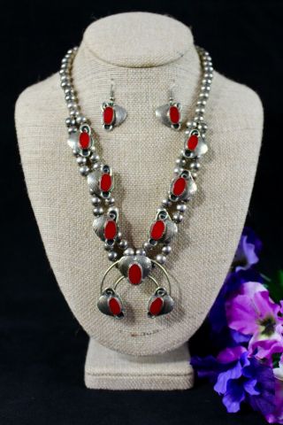 Vintage Navajo Sterling Silver Coral Squash Blossom Necklace & Earrings