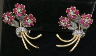 Vintage 1940s Heavy 18k Gold 2.  42ct Diamond/red Gemstone Cluster Flower Earrings