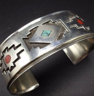Vernon Begaye Vintage Navajo Sterling Silver Turquoise Coral Inlay Cuff Bracelet