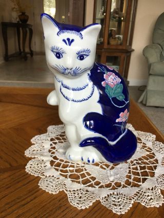 Vintage Chinese Porcelain Cat Figurine Blue And White Handpainted Pink Flowers