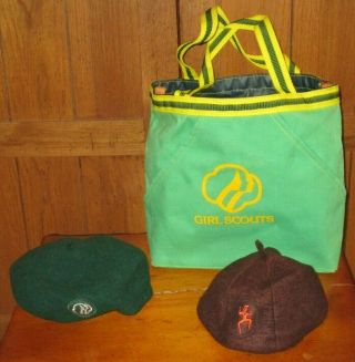 Vintage Girl Scout Green Canvas Tote Bag Satchel Wool Beret Hat & Brownie Brown