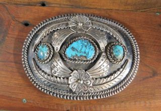 Vintage Southwest Sterling Silver And Turquoise Belt Buckle