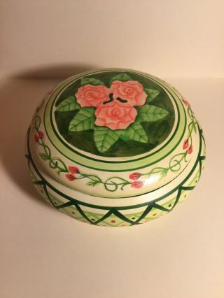 Vintage Round Lidded Ceramic Trinket Box Hand Painted Flowers / Roses Vines