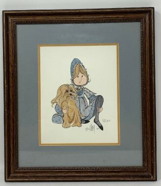 P Buckley Moss 1982 Antique Framed Print 499/1000 Girl And Dog Signed