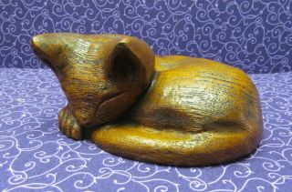 Vintage Mid - Century Hand Carved Wood Sleeping Kitten Cat Figurine