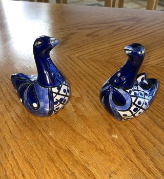 Blue White Birds Salt Pepper Shakers,  Mexican Pottery,  Signed,  3.  5x3.  5” No Plugs