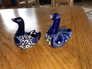 Blue White Birds Salt Pepper Shakers,  Mexican Pottery,  Signed,  3.  5x3.  5” No Plugs 2