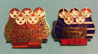 1984 Los Angeles Olympic Pin 1980 Moscow Olympics Nesting Dolls Matreshka 2 Pins