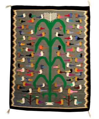 Fine Vintage Navajo Indian Wool Pictorial Tree Of Life Many Birds Rug Blanket