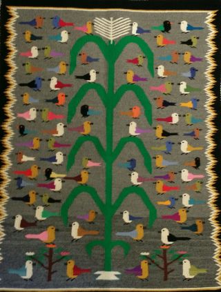 FINE VINTAGE NAVAJO INDIAN WOOL PICTORIAL TREE OF LIFE MANY BIRDS RUG BLANKET 2
