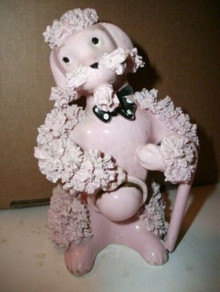 Vintage Retro Spaghetti Pink Poodle Porcelain Figurine W/ Derby Hat Cane Bowtie