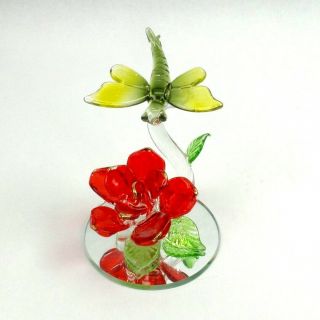 Hand Blown Glass Dragonfly Red Rose Figurine On Mirror Base