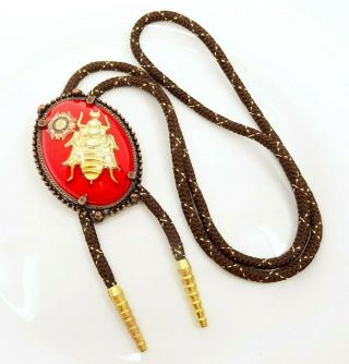 Us Veterans Of Foreign Wars Vintage Bolo Tie With Beetle Bola Red Clear Lucite