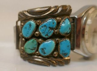 Vintage Navajo Sterling Silver Watch Ends With Inlaid Turquoise