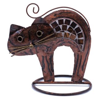 Hand Crafted Metal Copper Tone Mosaic Cat Figurine With Arched Back 6.  5 " High