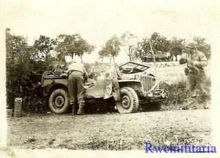 Good View Us Soldiers In Field W/ Willys Jeep & M4 Sherman Tank In Background
