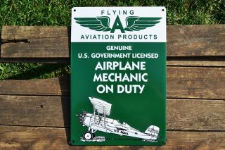 Flying A Aviation Products Embossed Tin Sign - Airplane U.  S.  Mail - Bi - Plane