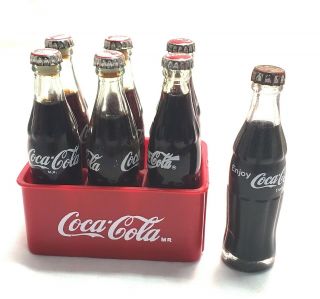 Coca - Cola Mini 3 " Glass Coke Bottles 6 Pack Metal Caps Plastic Carrier,  1