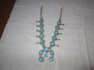 Vintage Navajo Turquoise And Sterling Silver Squash Blossom Necklace And Ring