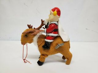 Vintage Japan Tin & Fur Windup Toy With Santa On Reindeer S&h