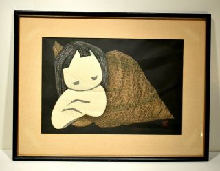 Mid Century Japanese Woodblock Print Kaoru Kawano Girl In Shell