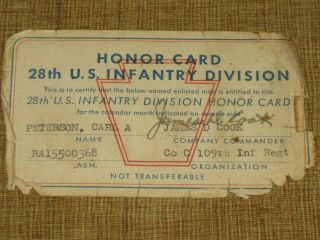 Wwii Named 109th Infantry Regiment 28th Division Honor Card See Photos
