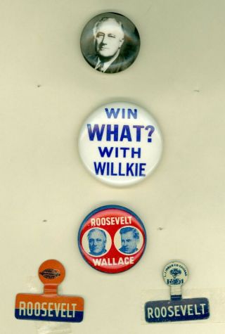 3 Vtg 1940 President Franklin Roosevelt Campaign Pinback Buttons - 2 Tabs Win What