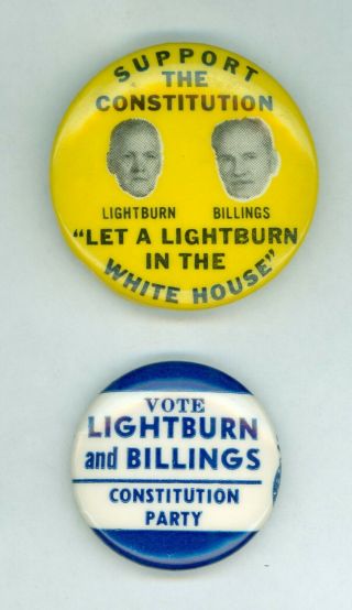 2 Vtg 1964 President Joe Lightburn Campaign Pinback Buttons Constitution Party