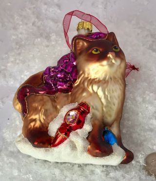 Christmas Ornament Cat In Snow With Ornaments Hand - Painted Glass 5 "